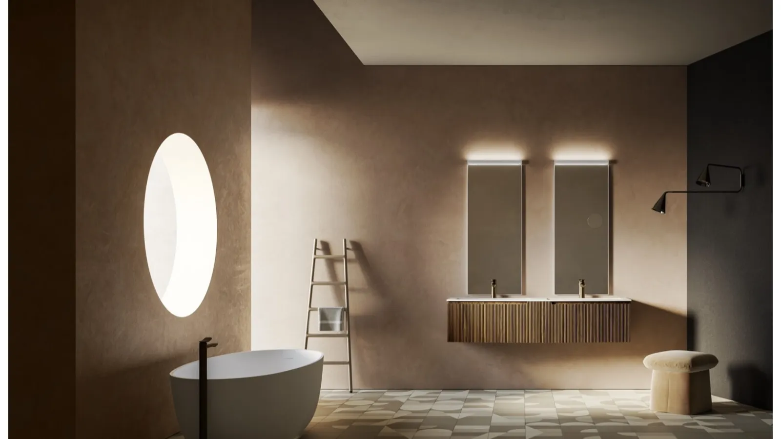 Mobile da Bagno sospeso con base curva in polimerico finitura effetto legno con doppio lavabo Vertigo Evolution 14 di Puntotre