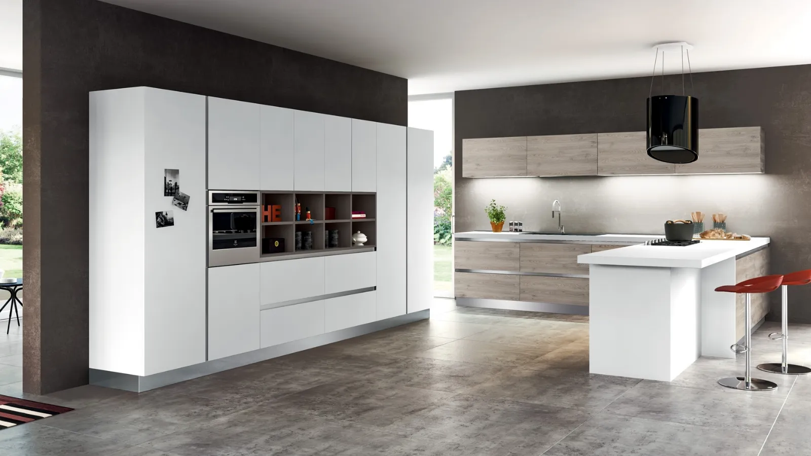 Cucina Moderna con penisola Avantgarde in laminato fenix Bianco e Rovere di Atra Cucine