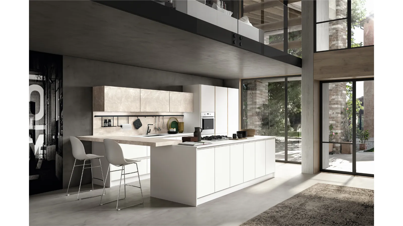 Cucina Moderna con isola e penisola Lab in laminato Bianco Shiky e Botticino di Atra Cucine