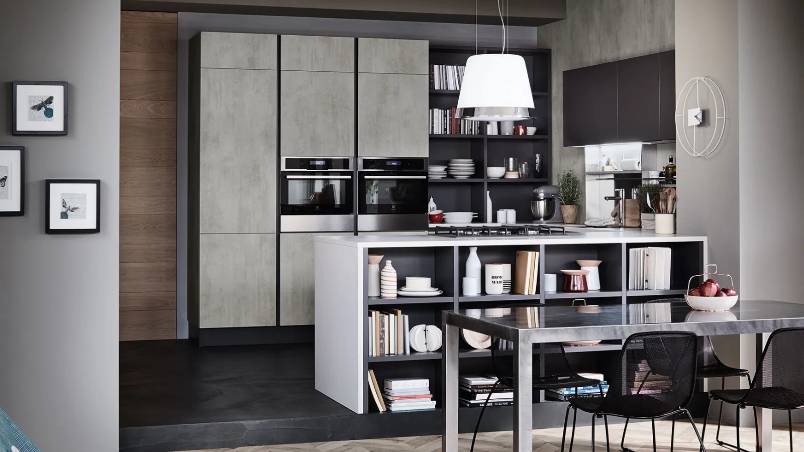 Cucina Moderna con penisola Oyster 08 in melaminico Beton Grigio e laccato Ardesia di Veneta Cucine