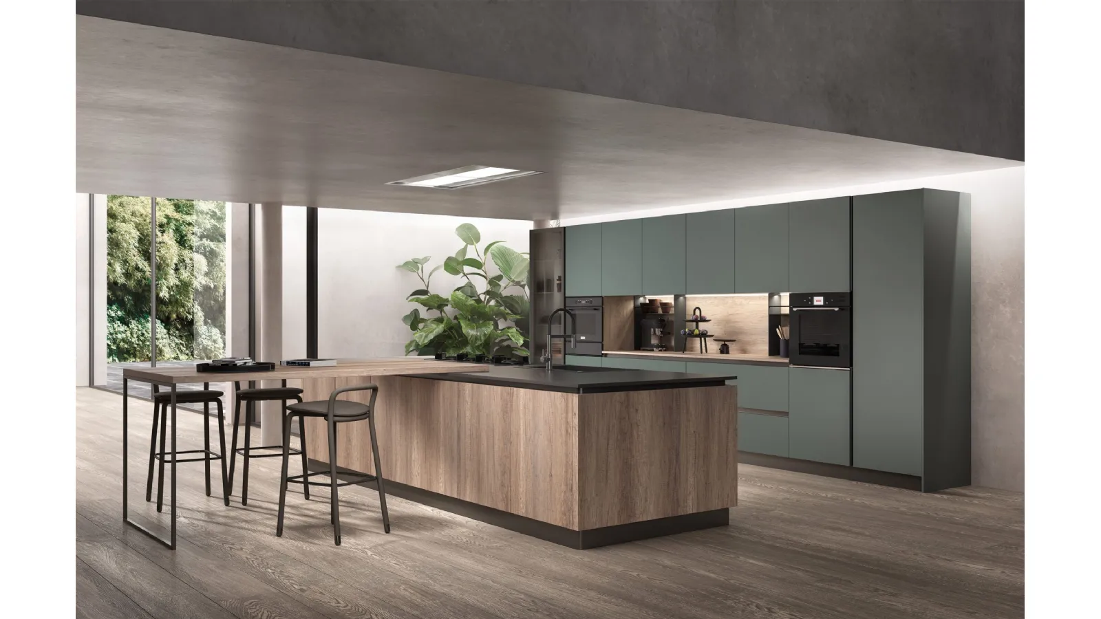 Cucina Moderna System 22 Verde e Rovere di Atra Cucine