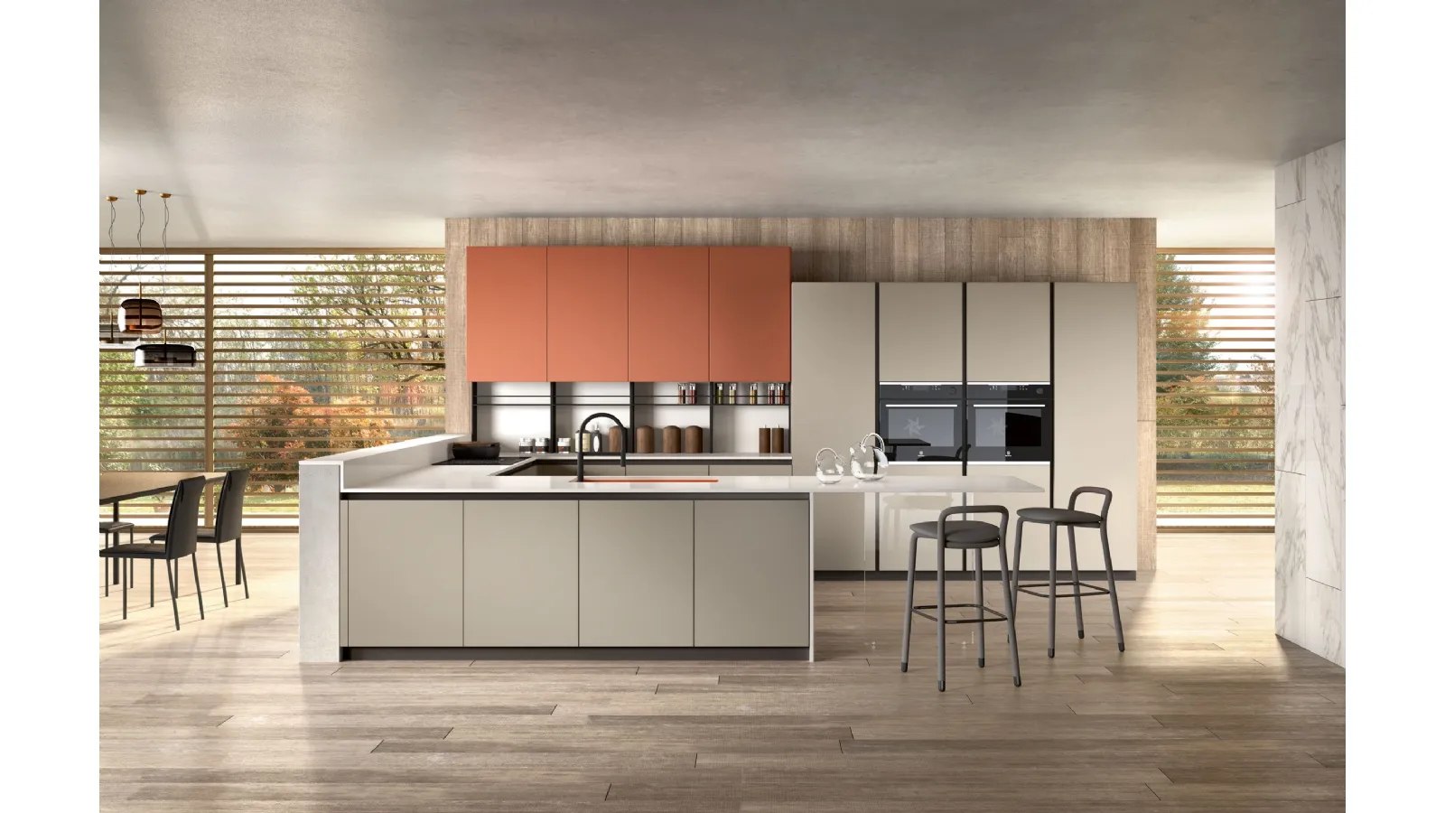 Cucina su misura con penisola Shine Grigio e Rosso di Atra Cucine