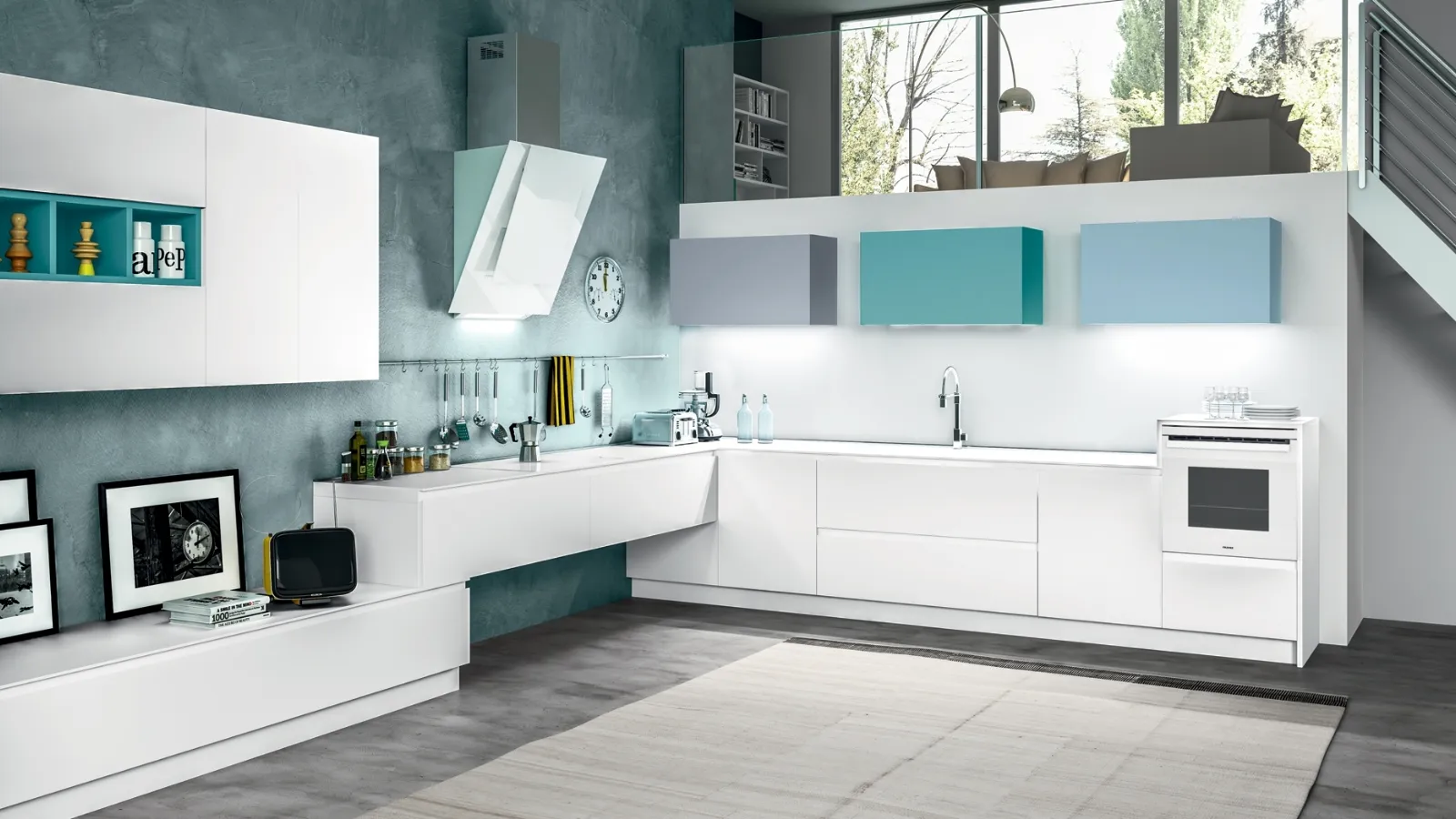 Cucina Moderna angolare Avantgarde in laminato fenix Bianco con pensili colorati di Atra Cucine